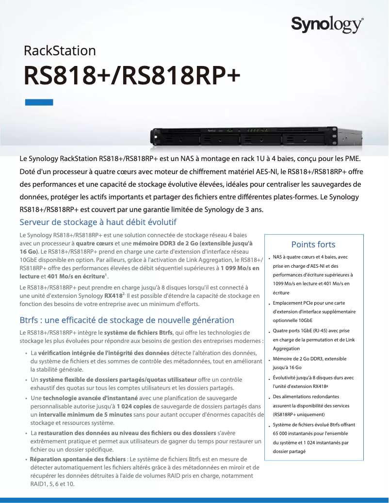 Page 1 de la notice Fiche technique Synology RackStation RS818+