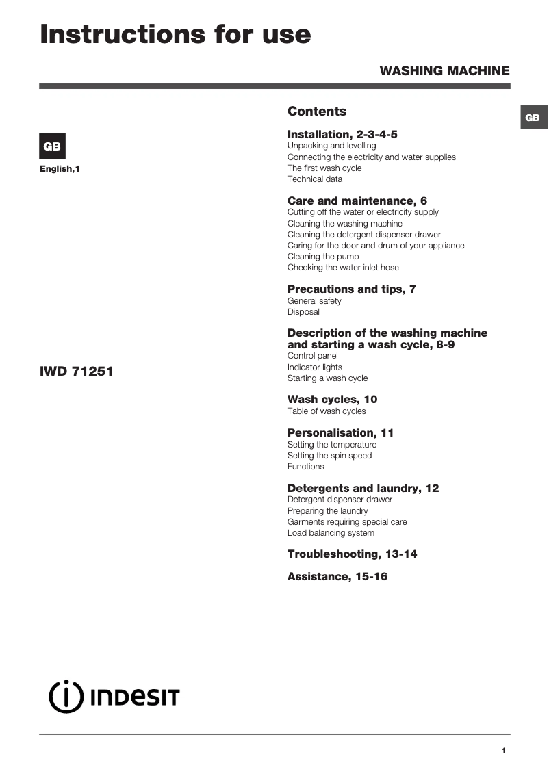 Página 1 del manual Manual de usuario Indesit IWD 71251