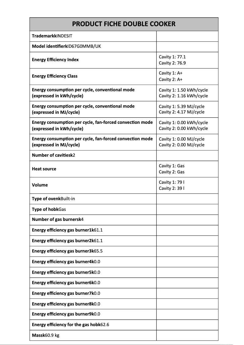 Page n°1 - Fiche technique Indesit ID67G0MMB