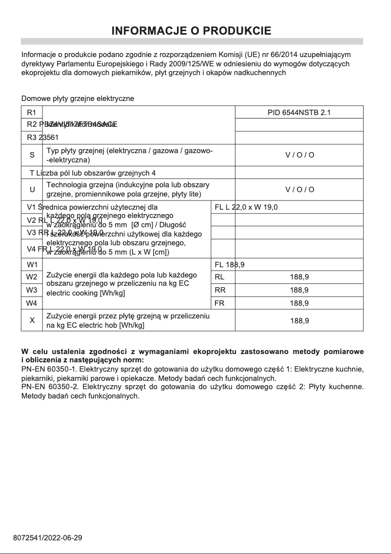Page 1 of the manual Technical Sheet Amica PI6544NSTB IN