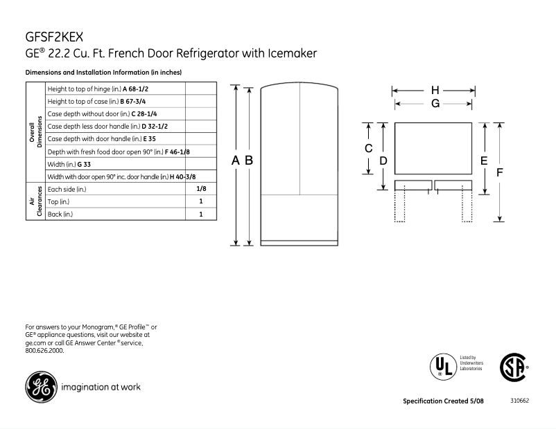 Página 1 del manual Ficha técnica GE GFSF2KEXCC