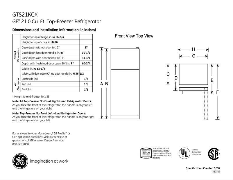 Page 1 de la notice Fiche technique GE GTS21KCXWW
