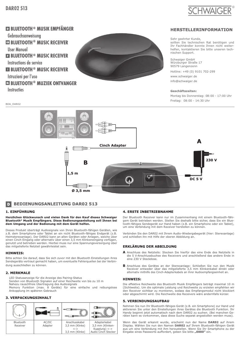 Page 1 de la notice Manuel utilisateur Schwaiger DAR02 513