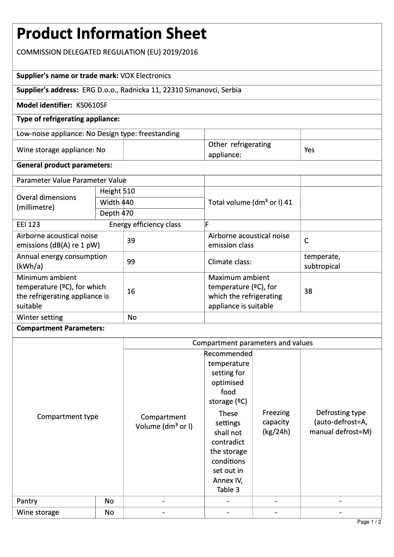Página 1 del manual Ficha técnica VOX KS 1430 SF