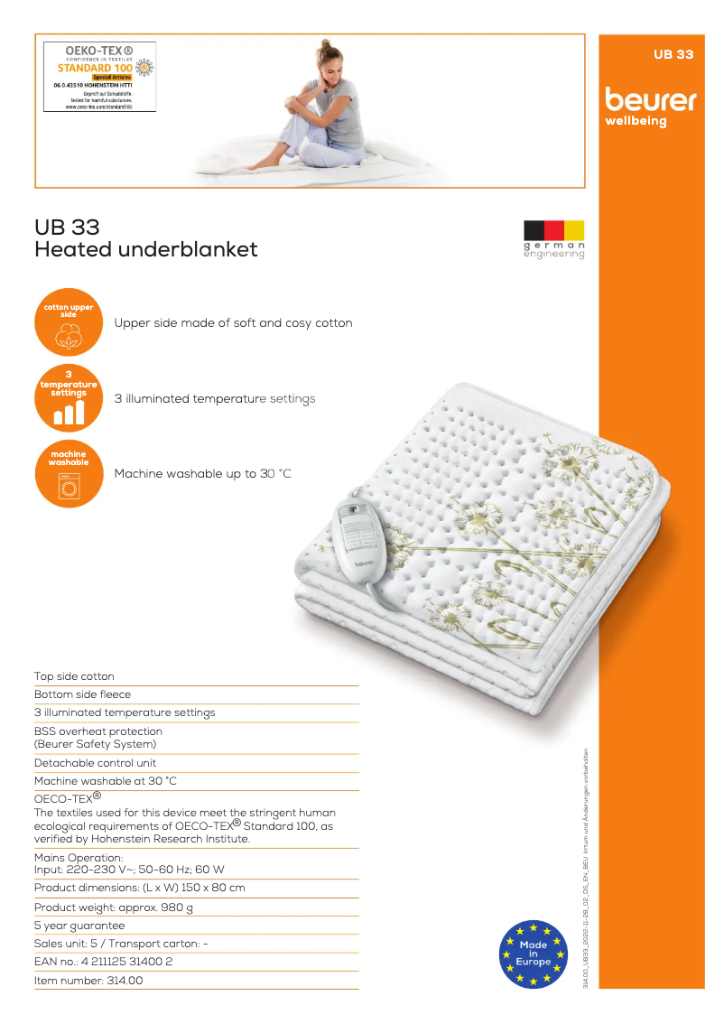 Page 1 de la notice Fiche technique Beurer UB 33