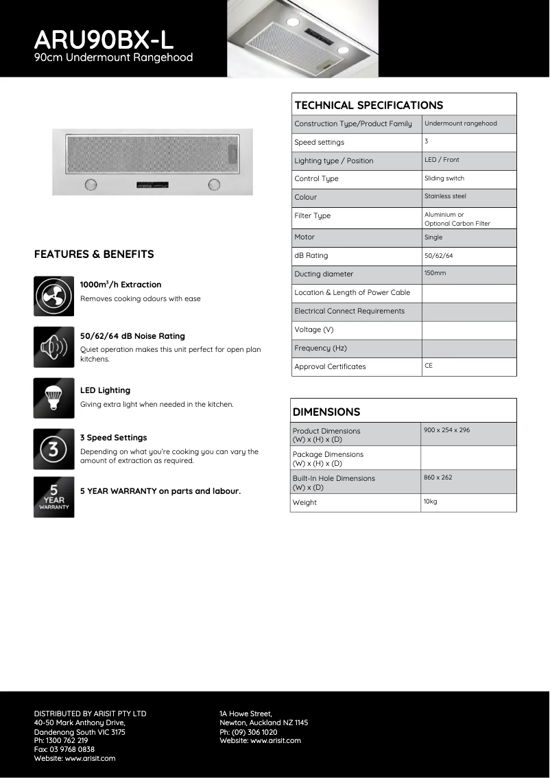 Page 1 de la notice Fiche technique Tisira ARU90BX-L