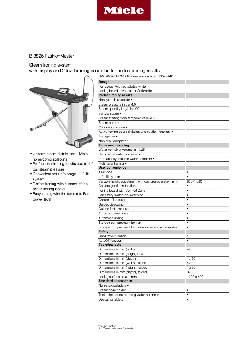 Página 1 del manual Ficha técnica Miele FashionMaster B 3826