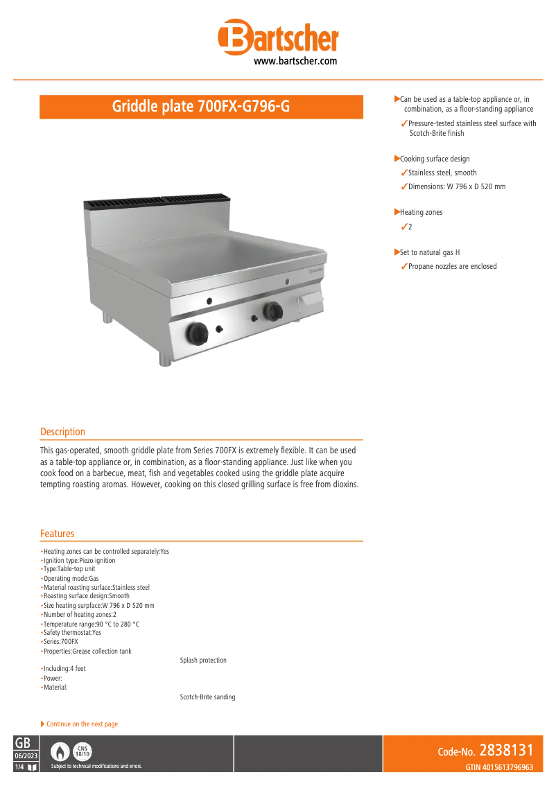 Page 1 de la notice Fiche technique Bartscher 700FX-G796-G