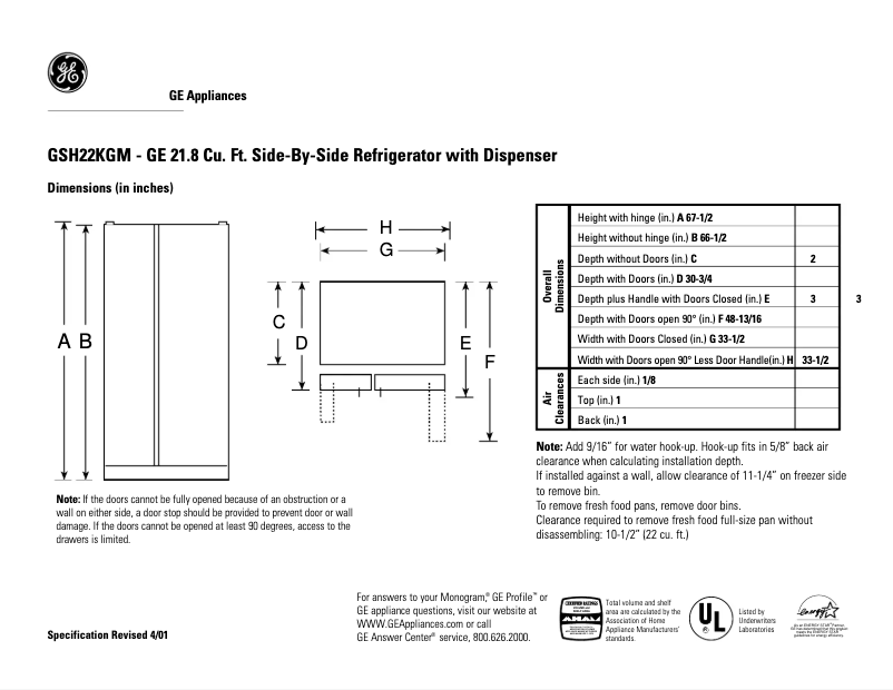 Page n°1 - Fiche technique GE GSH22KGMBB