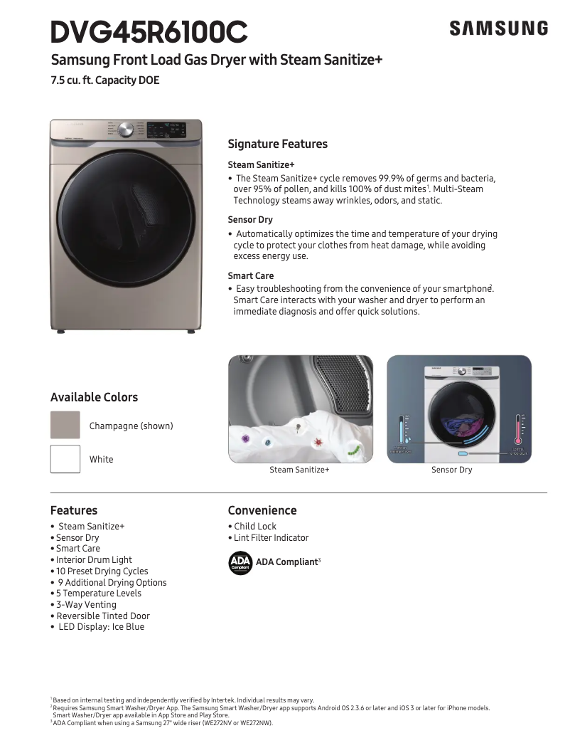 Page 1 de la notice Fiche technique Samsung DVG45R6100W