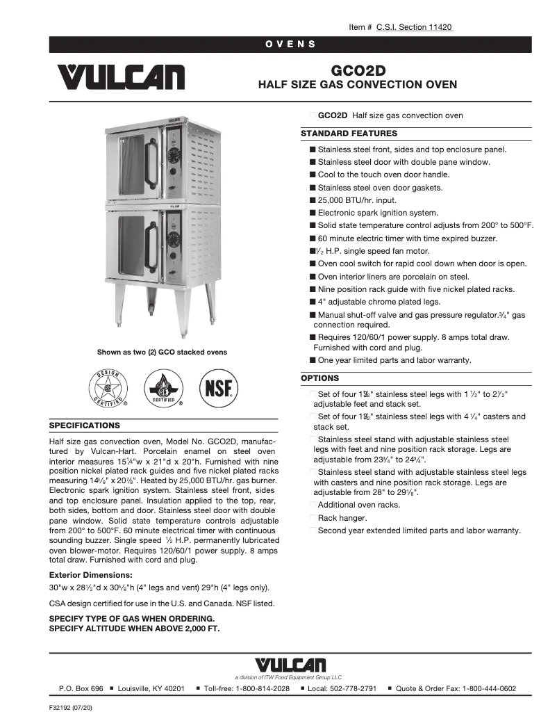 Page 1 de la notice Fiche technique Vulcan GCO2D