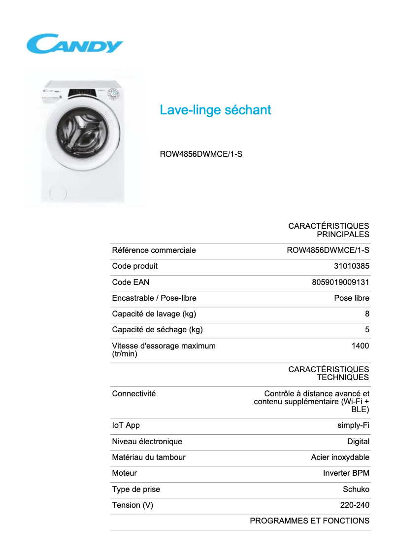 Página 1 del manual Ficha técnica Candy ROW4856DWMCE/1-S