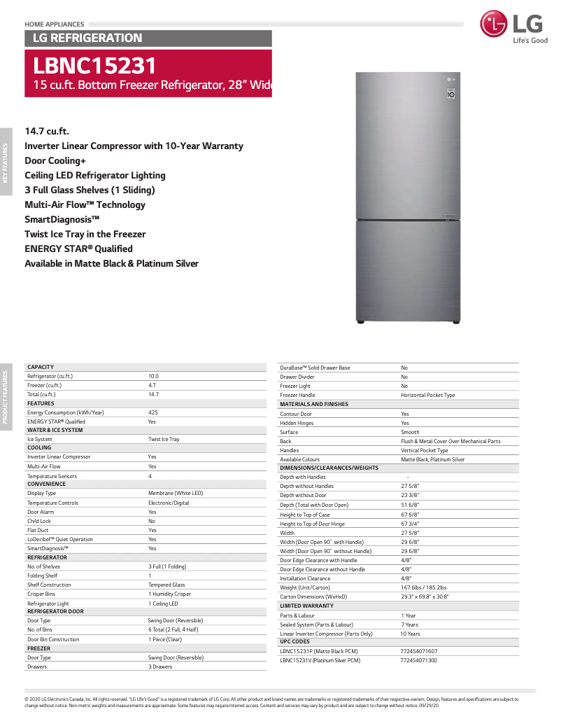 Page 1 de la notice Fiche technique LG LBNC15231P