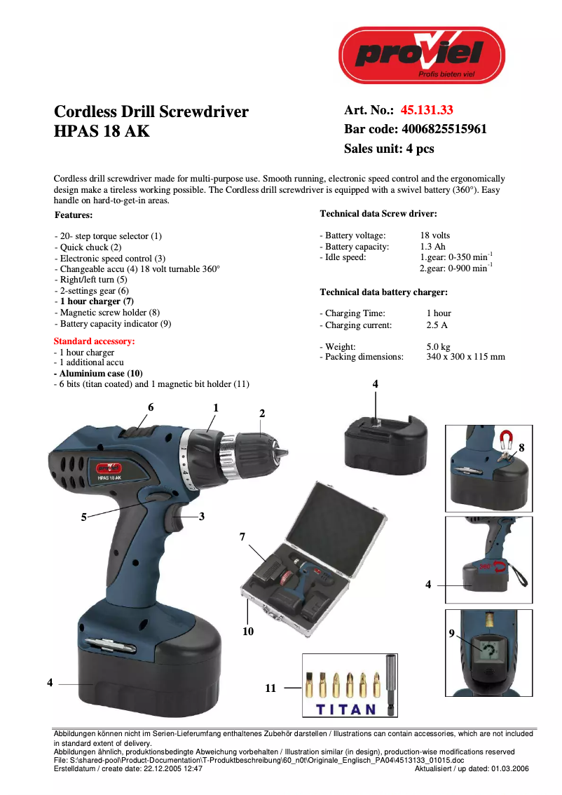 Page 1 de la notice Fiche technique Proviel HPAS 18 AK