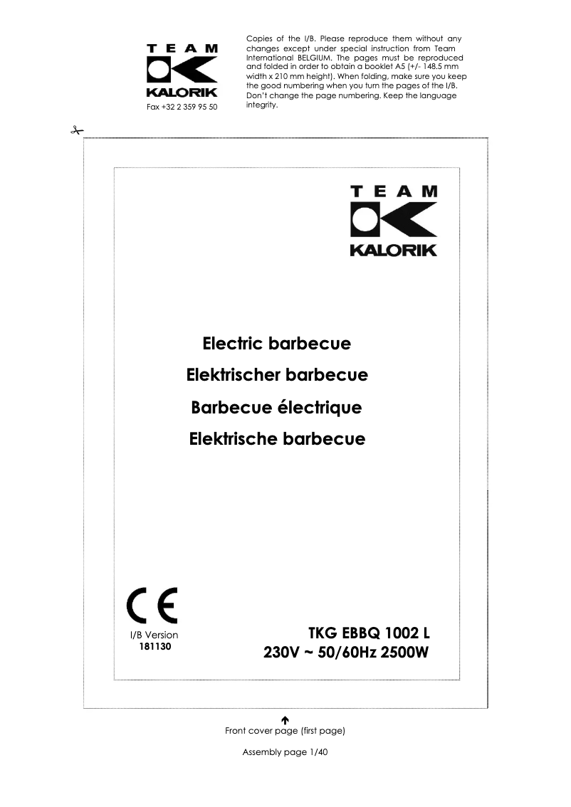 Page 1 of the manual User Manual Kalorik TKG EBBQ 1002 L