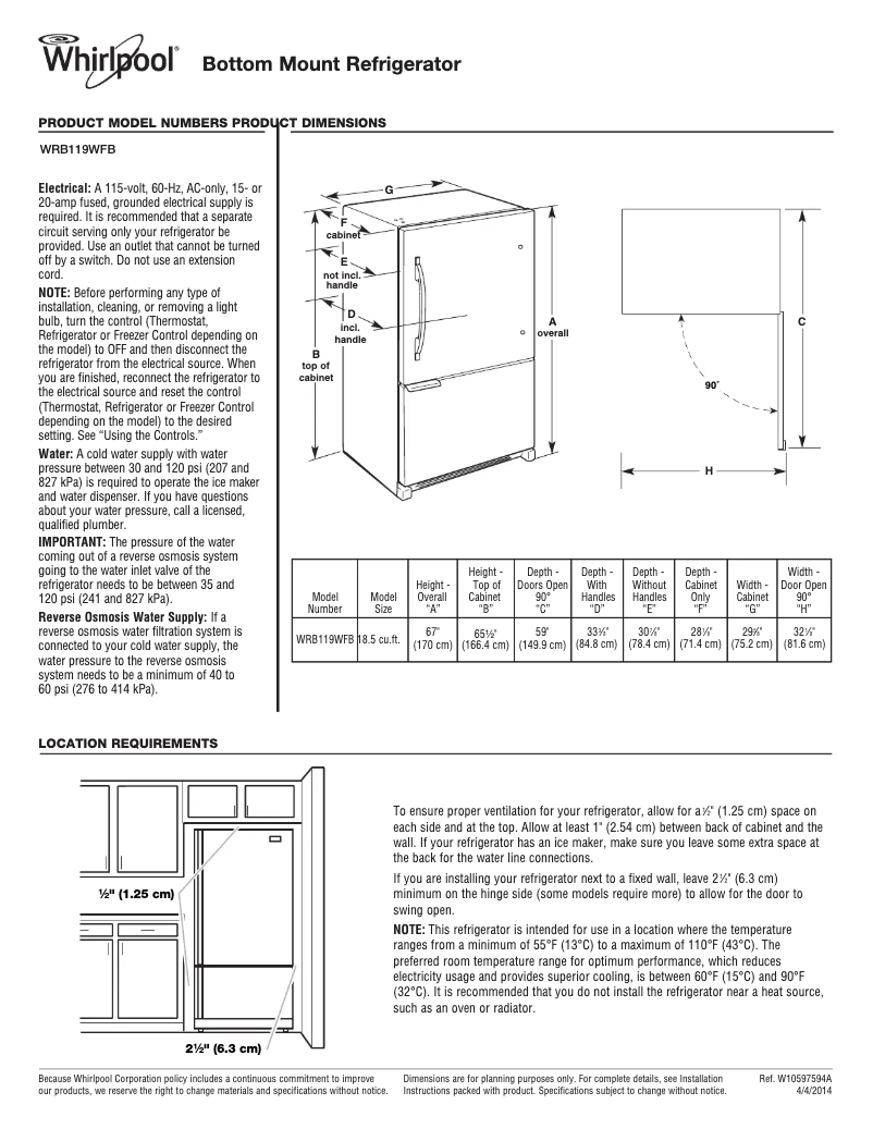 Page 1 de la notice Fiche technique Whirlpool WRB119WFB