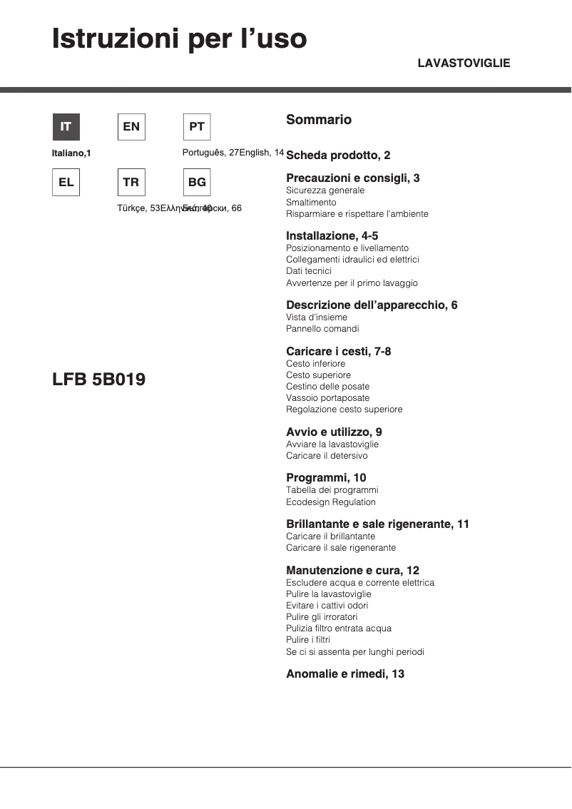 Page 1 de la notice Manuel utilisateur Hotpoint Ariston LFB 5B019 EU