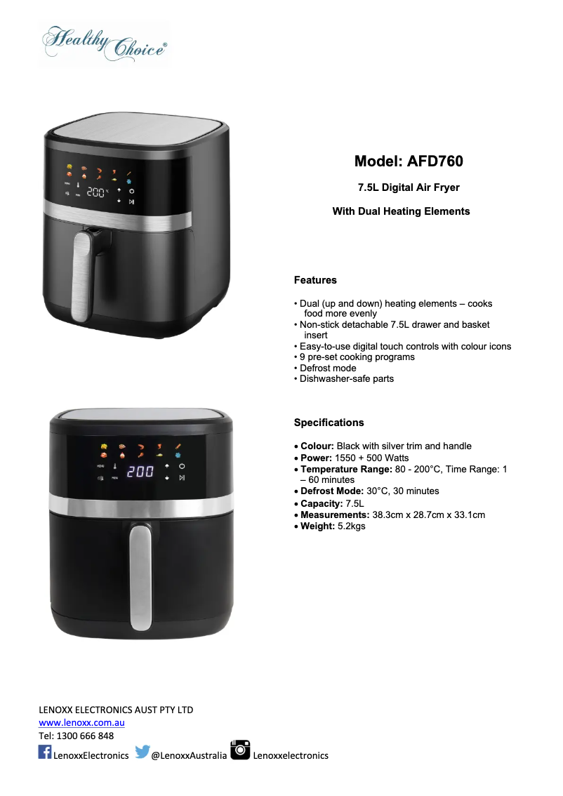 Page 1 de la notice Fiche technique Healthy Choice AFD760