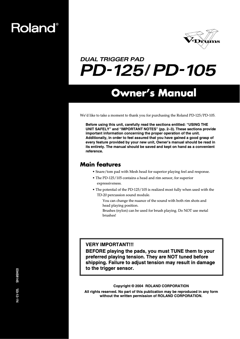 Page 1 de la notice Manuel utilisateur Roland PD-105