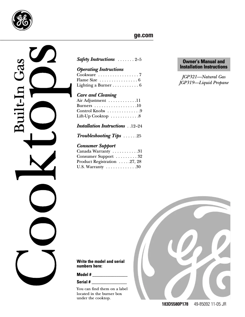 Page 1 of the manual Installation Guide GE JGP321EJWH