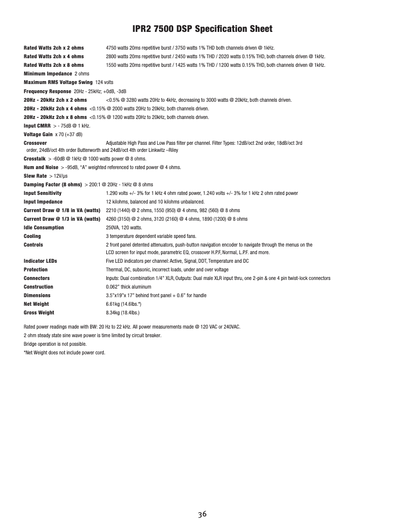 Page 1 de la notice Fiche technique Peavey IPR2 7500 DSP