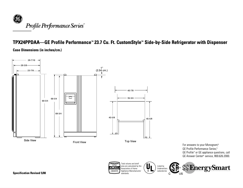Page 1 of the manual Technical Sheet GE Profile Performance TPX24PPDAA