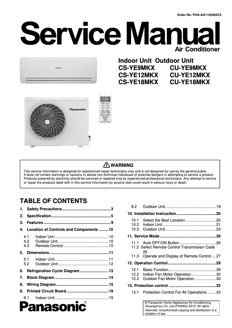 Page 1 de la notice Manuel utilisateur Panasonic CS-YE12MKX