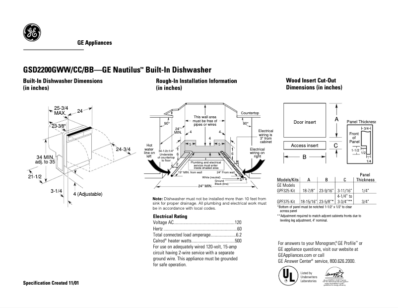 Page n°1 - Fiche technique GE GSD2201GWW