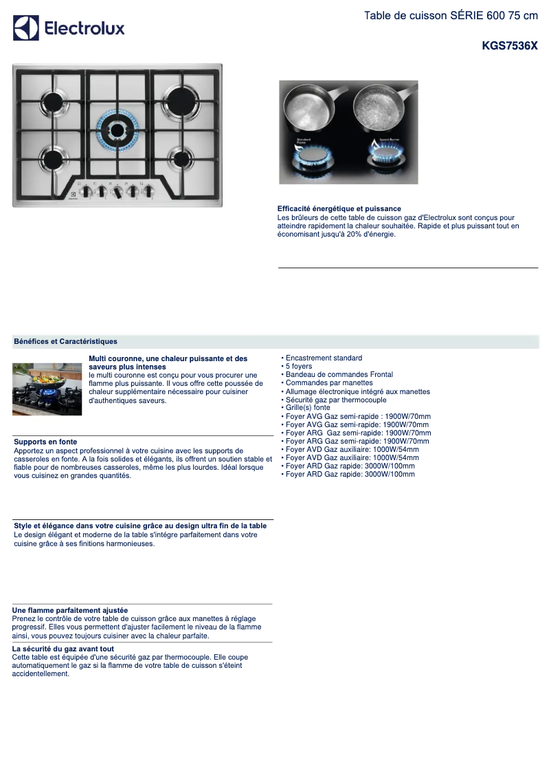 Page 1 de la notice Fiche technique Electrolux KGS7536X
