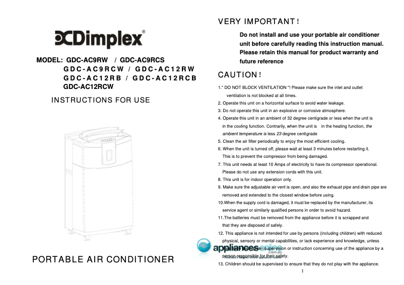 Page 1 of the manual User Manual Dimplex GDC-AC9RCS