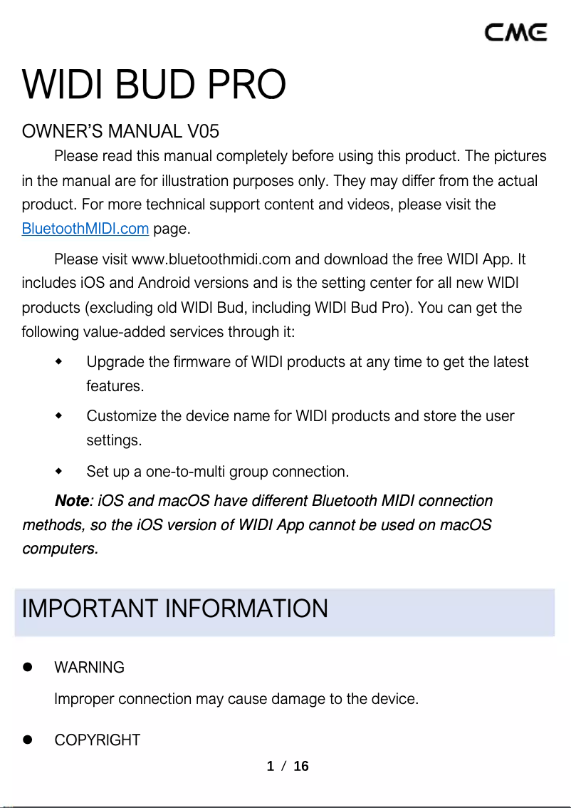 Page 1 de la notice Manuel utilisateur CME WIDI Bud Pro