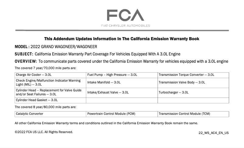 Page 1 de la notice Informations de garantie Jeep Grand Wagoneer (2022)