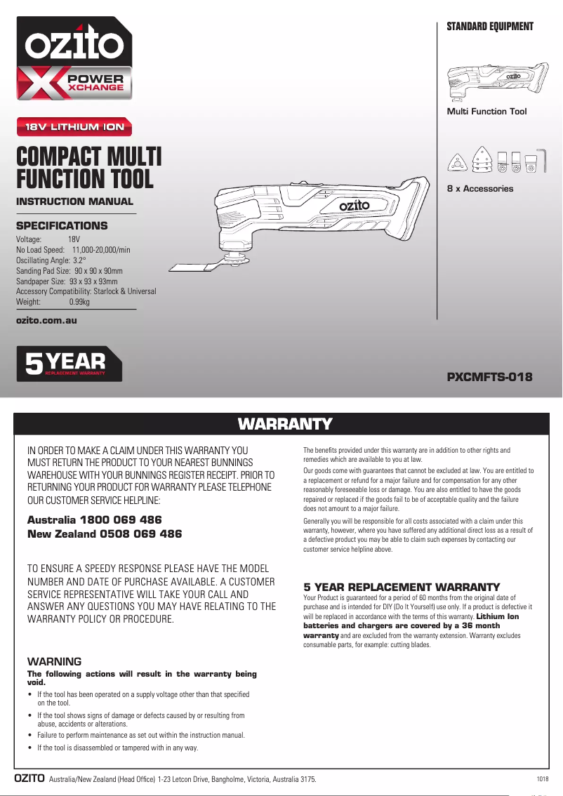 Page 1 of the manual User Manual Ozito PXCMFTS-018