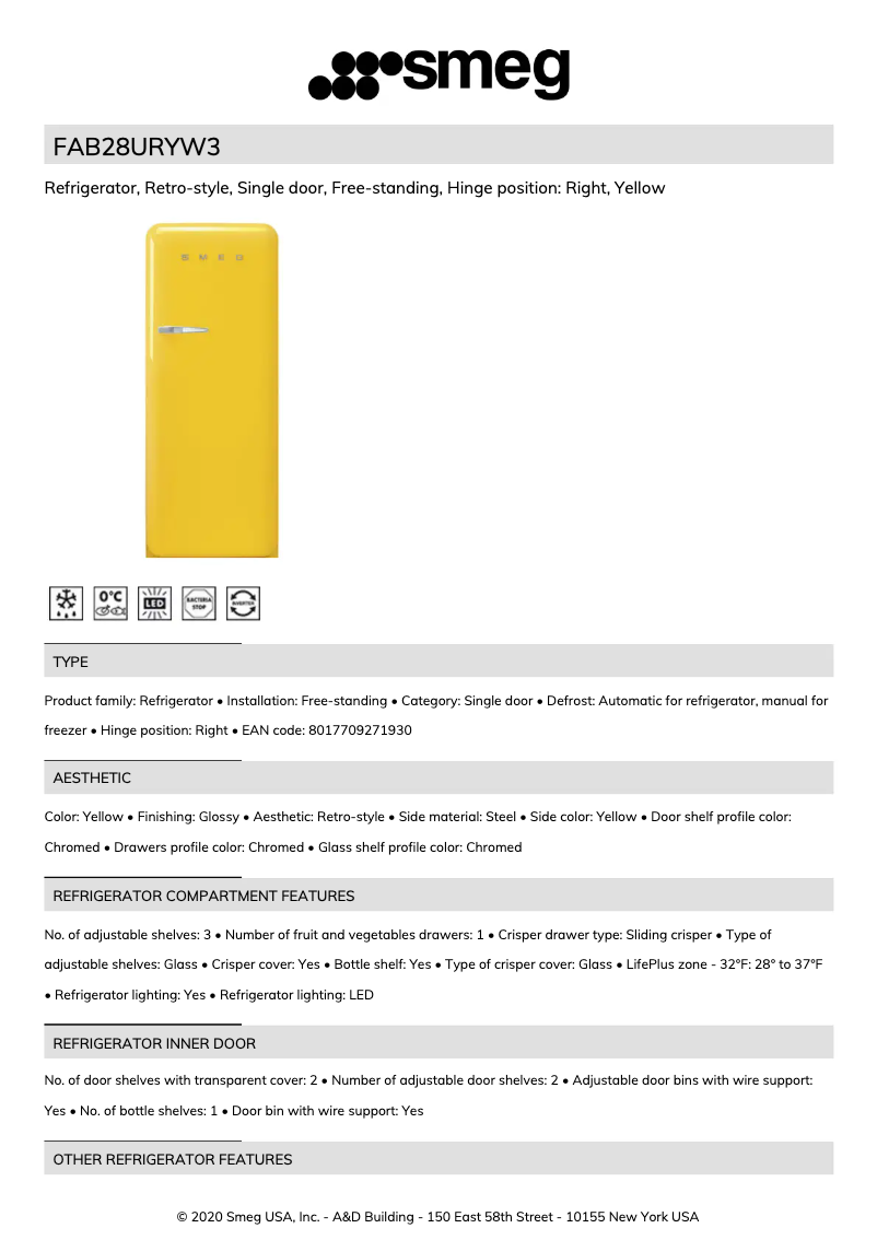 Page 1 de la notice Fiche technique Smeg FAB28URYW3