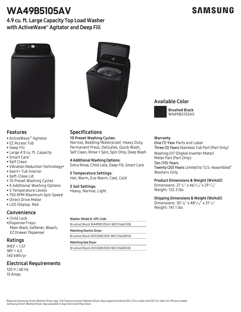 Página 1 del manual Ficha técnica Samsung WA49B5105AV