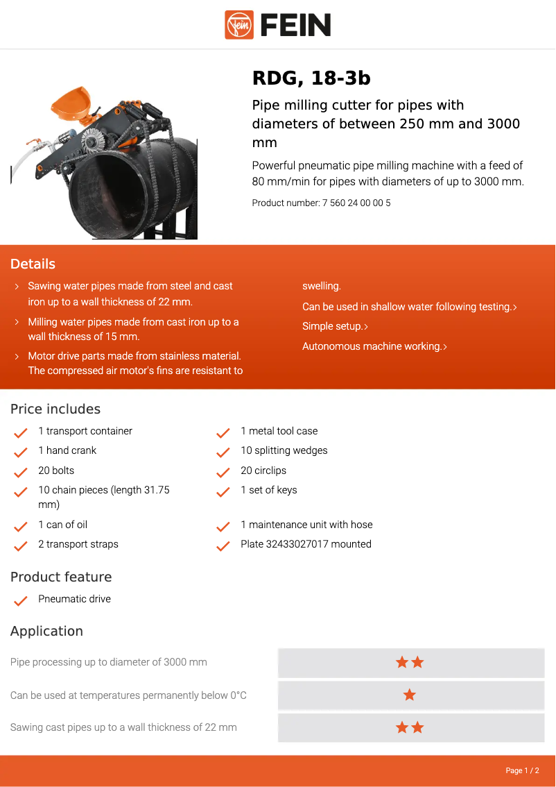 Page 1 de la notice Fiche technique Fein RDG 18-3b