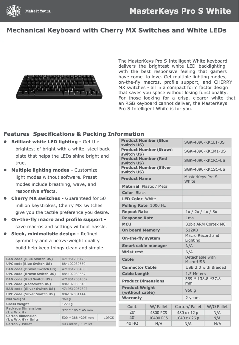 Page 1 de la notice Fiche technique Cooler Master MasterKeys Pro S