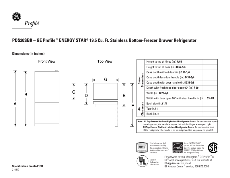 Página 1 del manual Ficha técnica GE PDS20SBRRSS