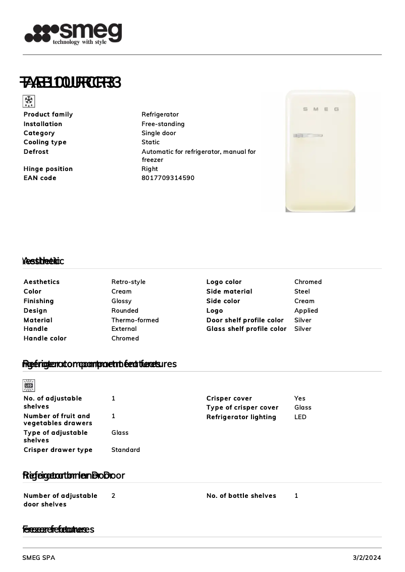 Page 1 de la notice Fiche technique Smeg FAB10URCR3