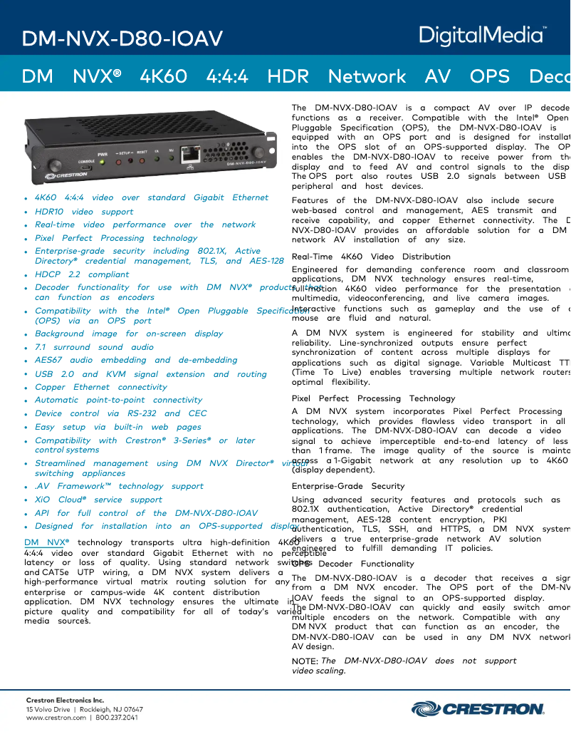 Página 1 del manual Ficha técnica Crestron DM-NVX-D80-IOAV