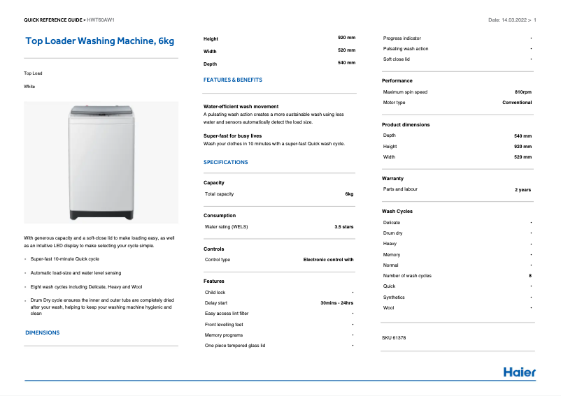Página 1 del manual Guía de instalación Haier HWT60AW1