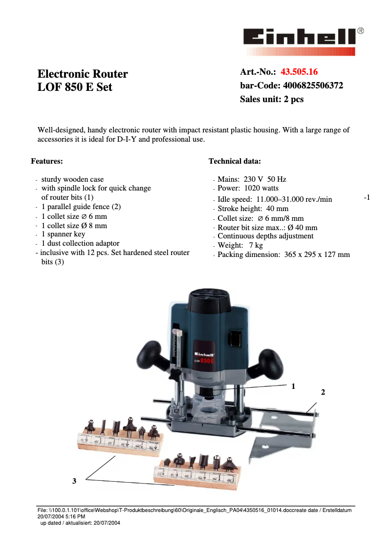 Page 1 de la notice Fiche technique Einhell LOF 850 E
