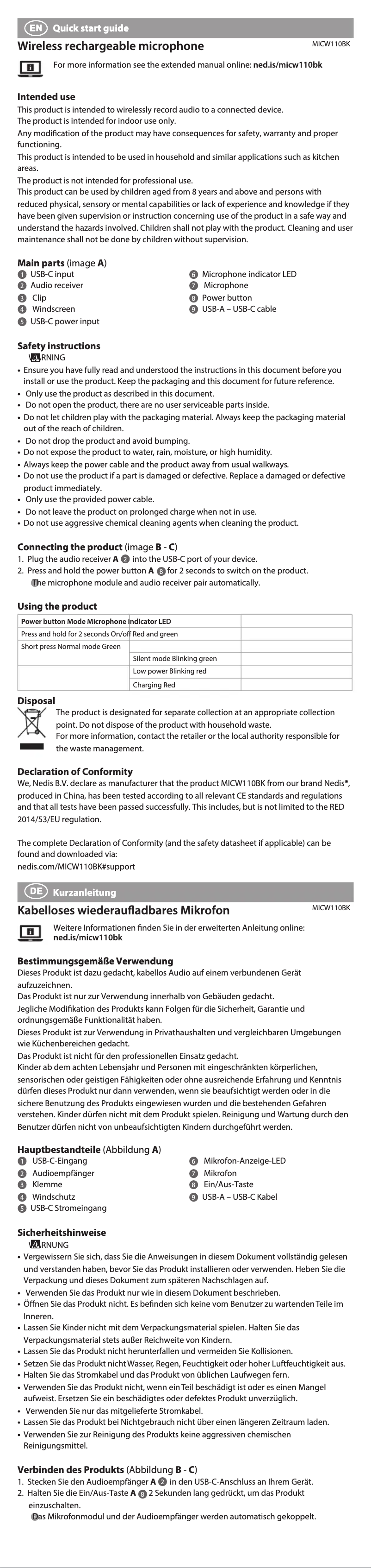 Page 1 de la notice Manuel utilisateur Nedis MICW110BK
