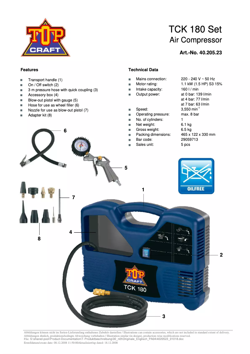 Page 1 de la notice Manuel utilisateur Topcraft TCK 180 Set