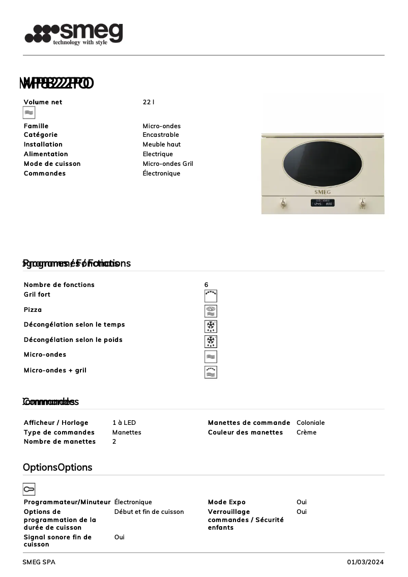 Página 1 del manual Ficha técnica Smeg MP822PO