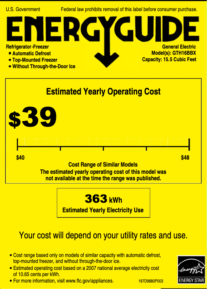Page 1 of the manual Energy Label GE GTH16BBXRCC