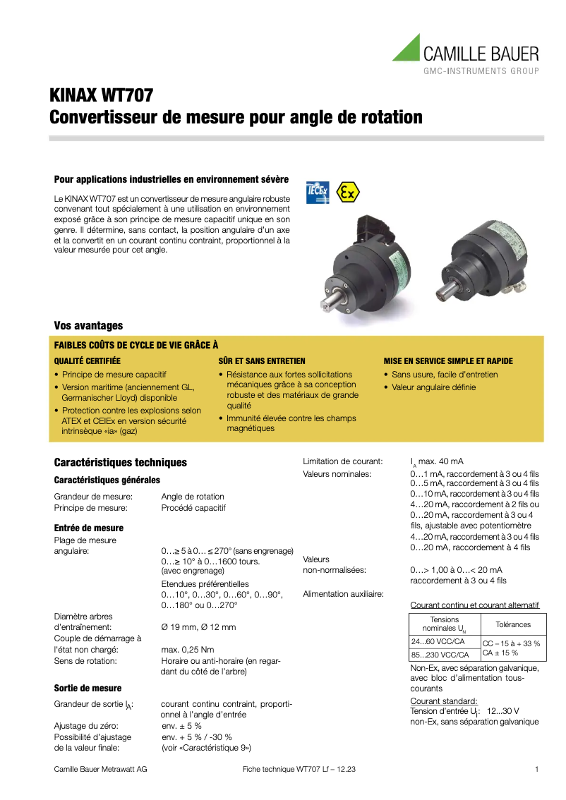 Page 1 de la notice Fiche technique Camille Bauer KINAX WT707