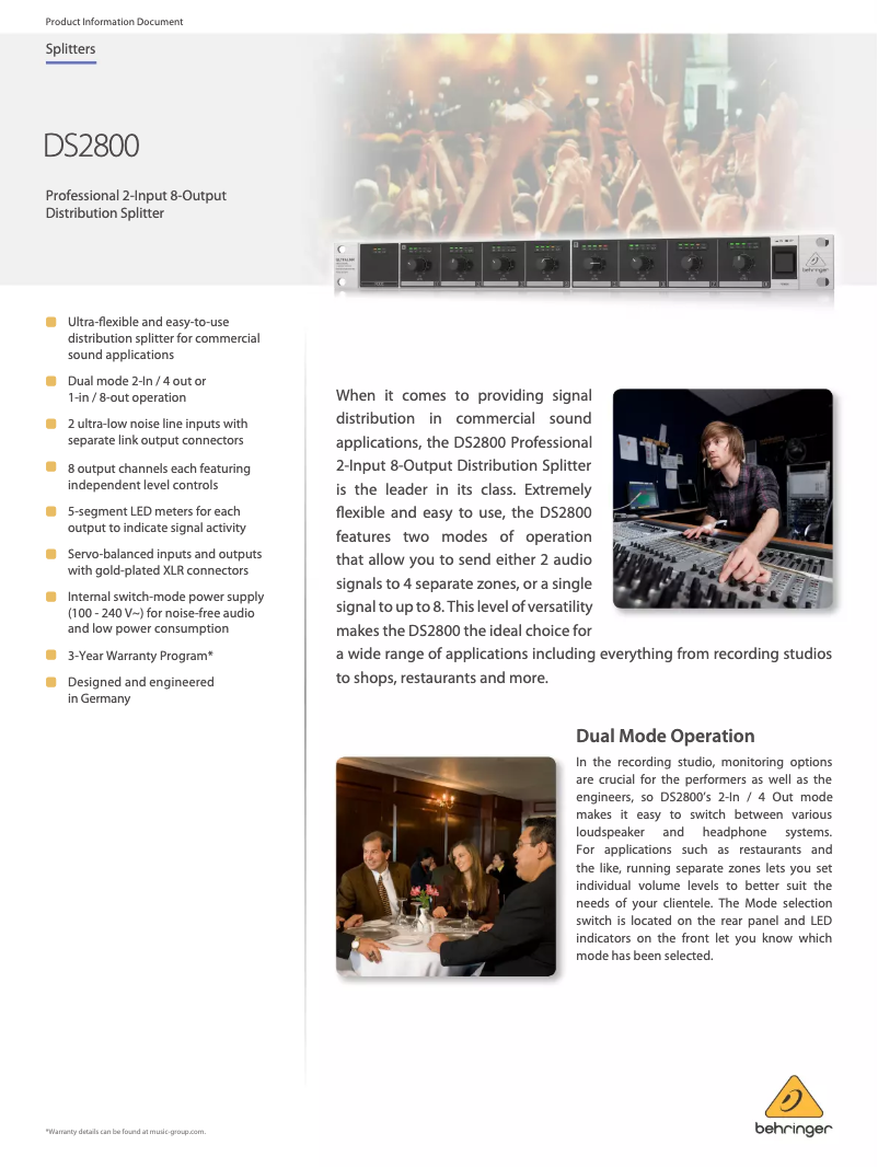 Page 1 de la notice Fiche technique Behringer Ultralink DS2800