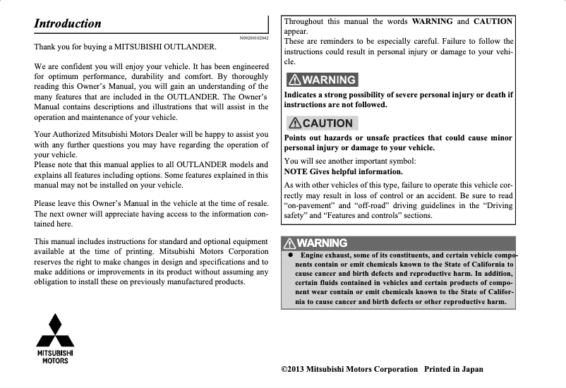 Page 1 of the manual User Manual Mitsubishi Outlander (2014)