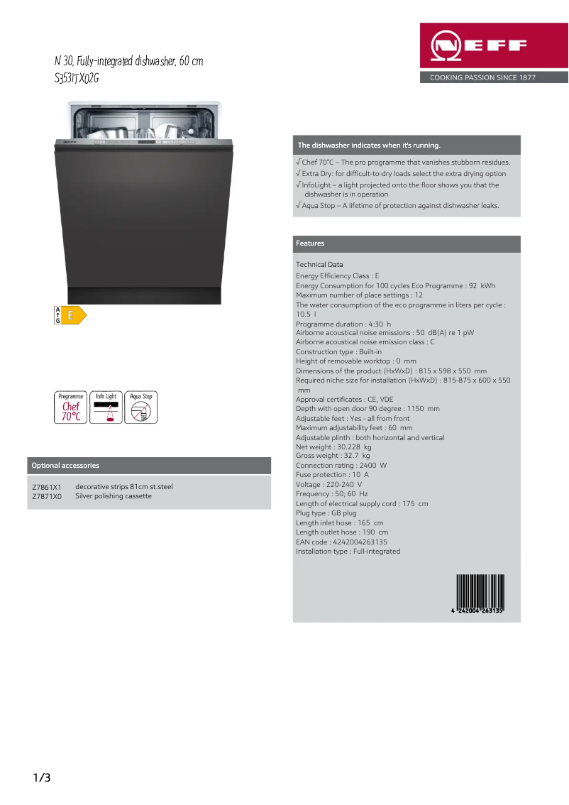 Page 1 of the manual Technical Sheet Neff S353ITX02G